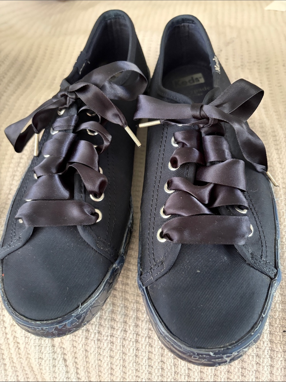 Kate Spade Keds Women’s Navy Blue Satin-Lace Canvas Sneakers